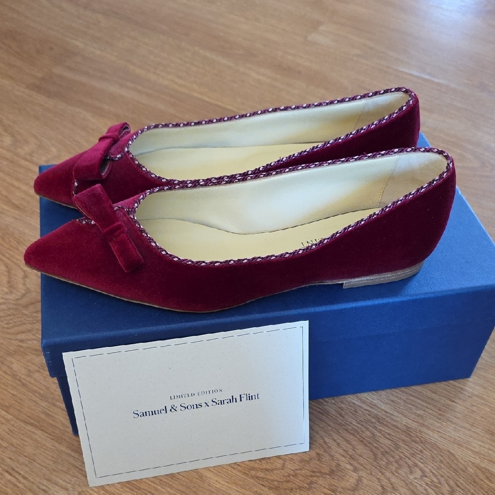 Sarah Flint X Samuel & Sons Burgundy Velvet Flats with Bow